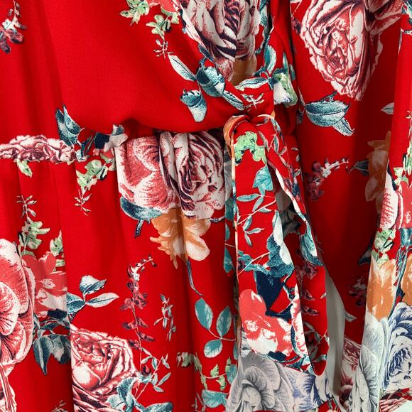 Entro Red Floral Lightweight Long Sleeve V-Neck Ruffle Hem Lined Shorts Romper - Picture 7 of 10